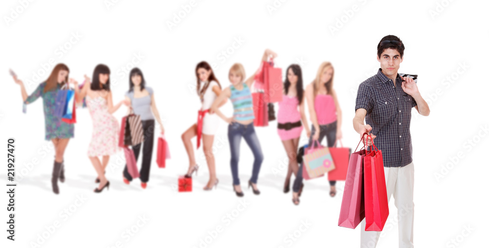 Shopping man with group of girls