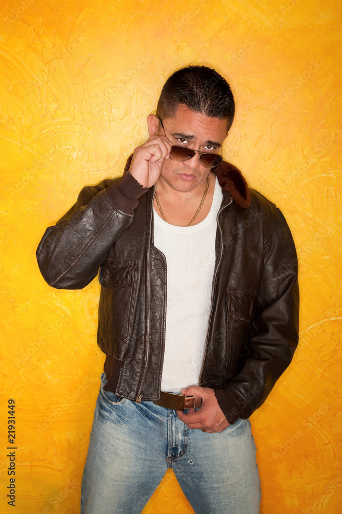 Hispanic Man in Pilot Jacket Hispanic Man in Pilot Jacket
