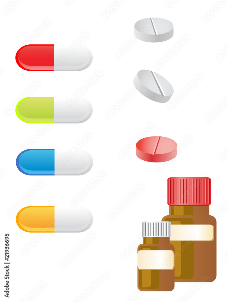 Medizinflaschen und Tabletten Medizinflaschen und Tabletten
