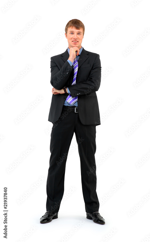 a smiling businessman standing against isolated white background a smiling businessman standing against isolated white background