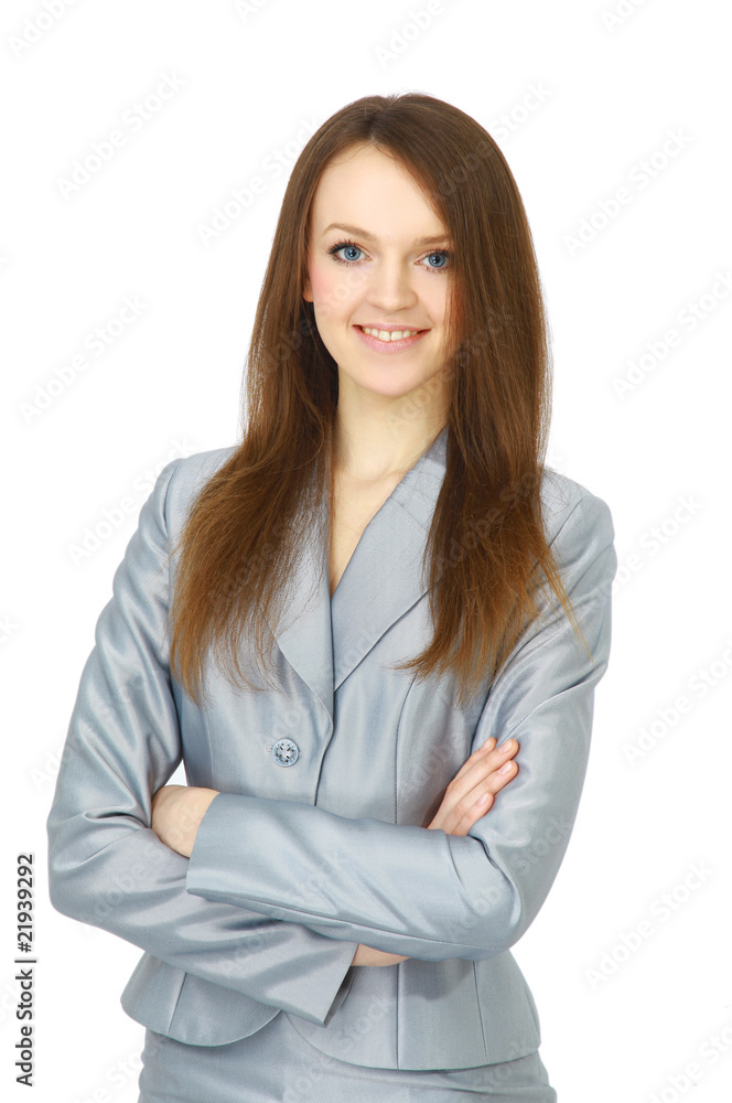 Positive business woman smiling over white background. Positive business woman smiling over white background.