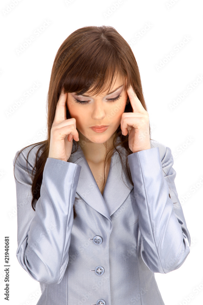 yuong woman holding head in pain over white background.. yuong woman holding head in pain over white background..