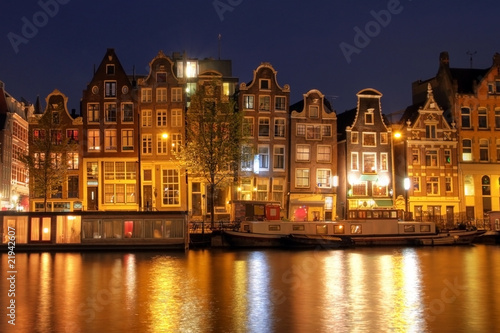 Amsterdam waterfront houses at night, The Netherlands