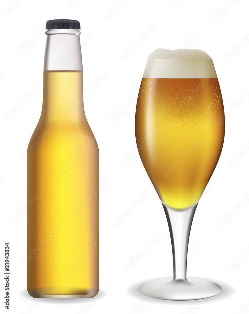 Beer bottle and glass. Vector illustration.