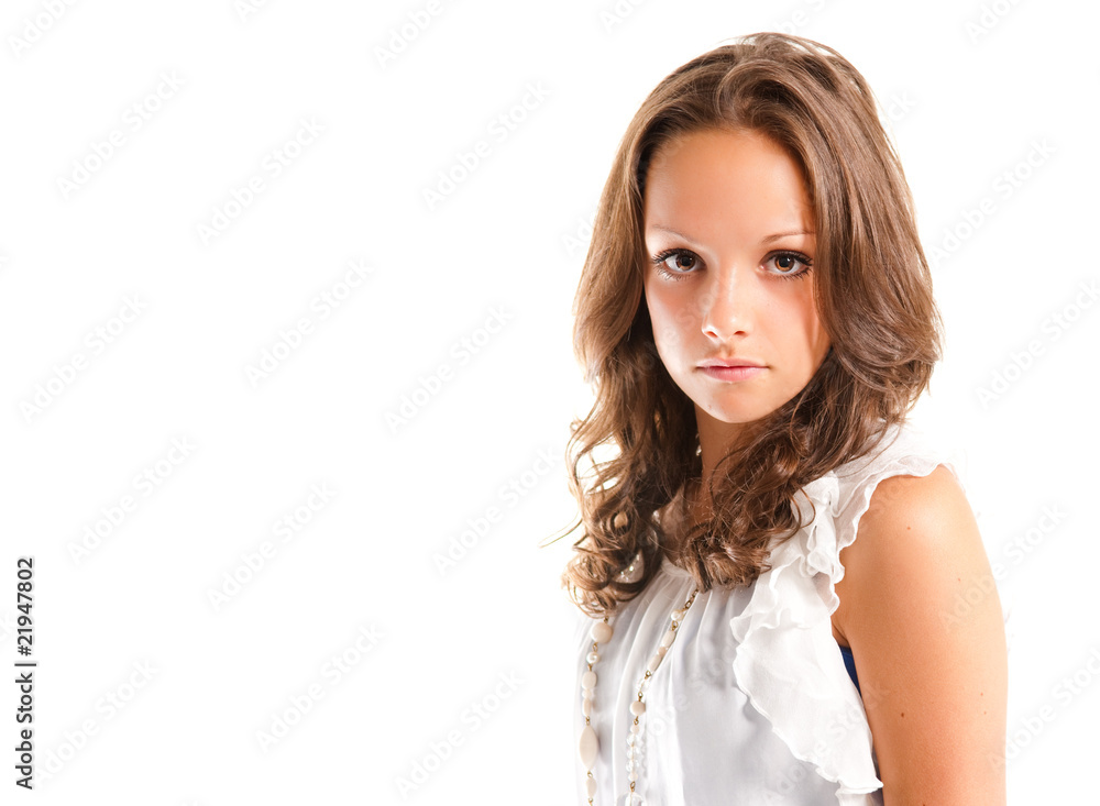 Young fresh brunette isolated on white with space for copy