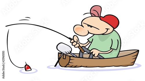 A toon character fishing in a boat