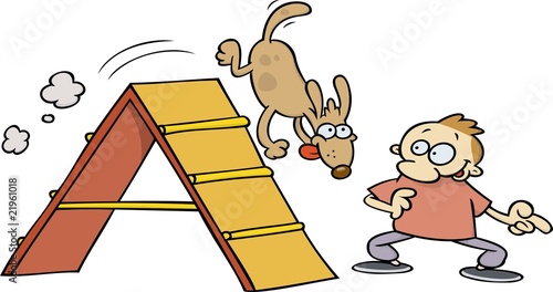 A toon guy training his dog on an agility course