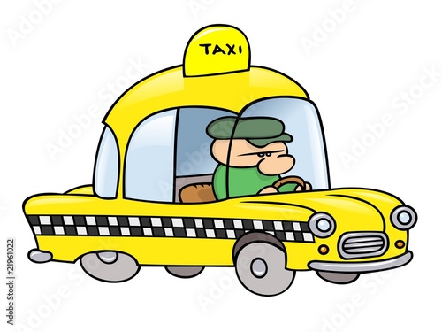 A toon taxi driver in his shiny yellow cab