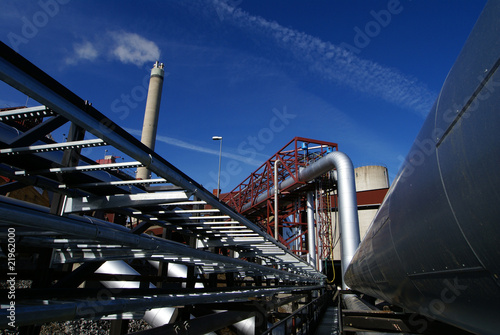 Pipes, tubes, smokestack at a power plant