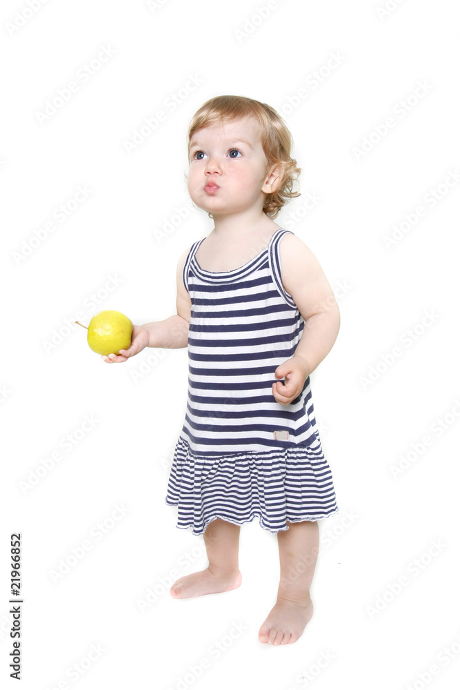cute toddler girl with green apple over white cute toddler girl with green apple over white