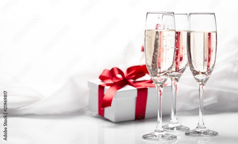 Gift decorated with bow, glass wine Gift decorated with bow, glass wine