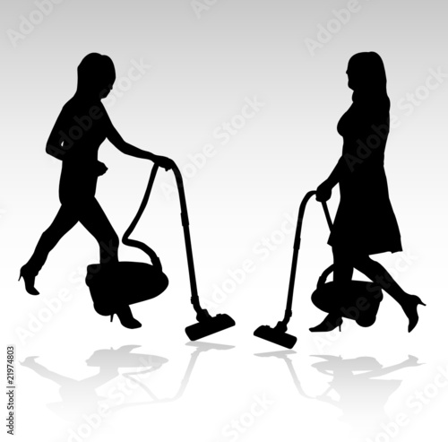 two women with a vacuum cleaner silhouette