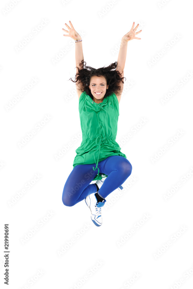 Jumping young woman, isolated