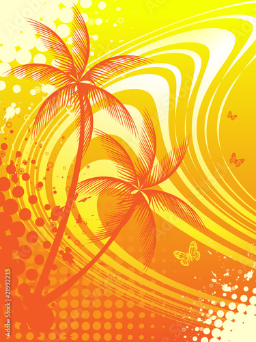 Surfing waves, tropical beach and palm trees