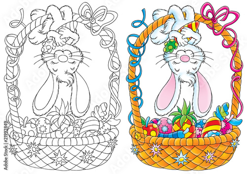 Easter Bunny and decorated basket of fruits