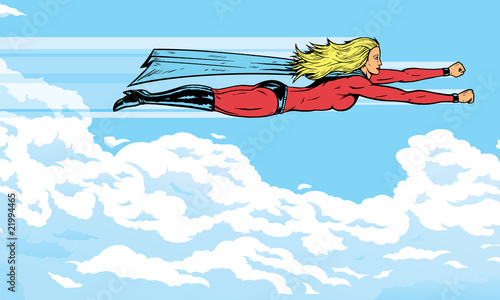 Superheroine flying in the clouds