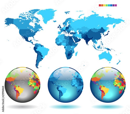 Globes on blue detailed map