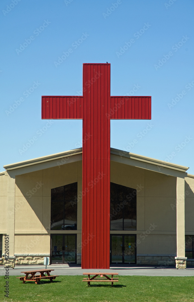 Giant red cross outside church