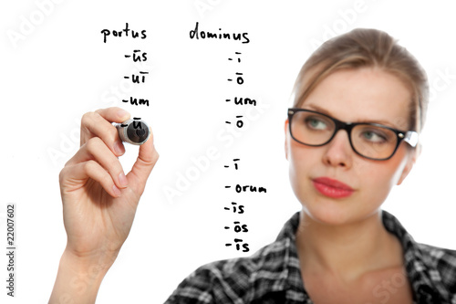 Photos blonde student girl declinating two latin words