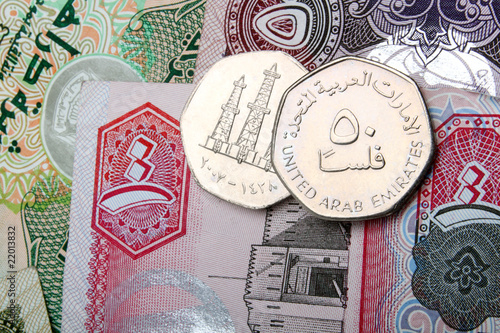 uae currency dirhams - 50 fils coins and dirham notes