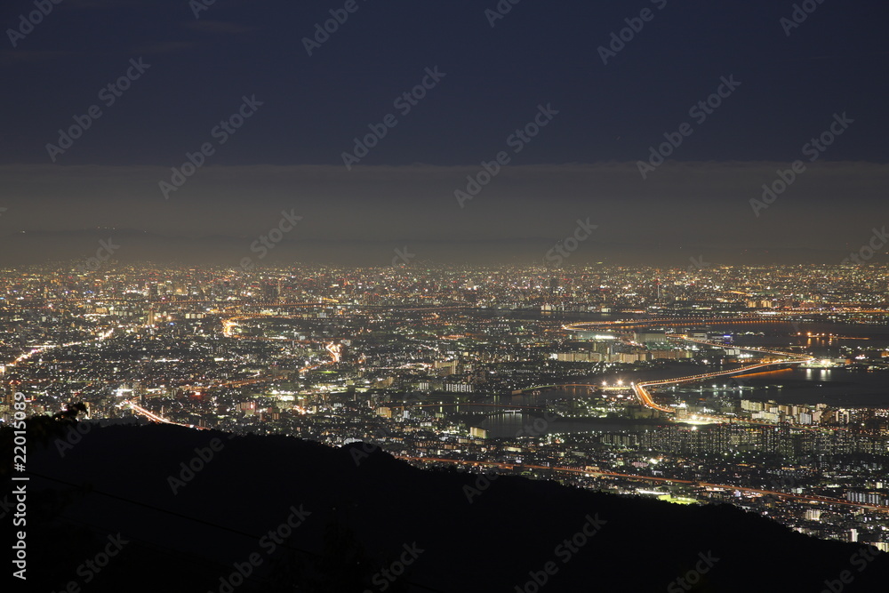 Illuminated Kobe City in Japan at night from high above