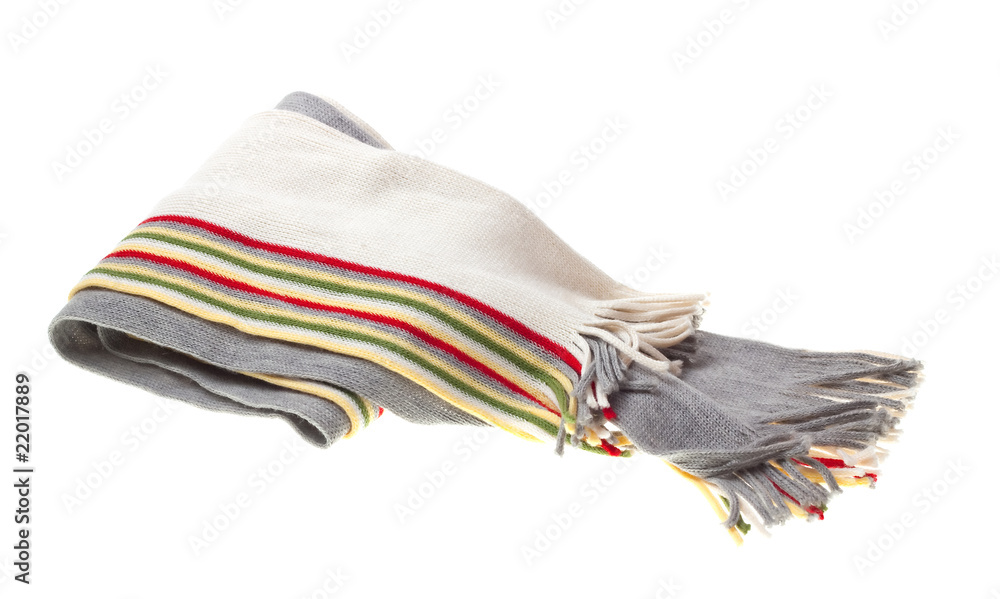 Striped multicolored woolen scarf isolated on white