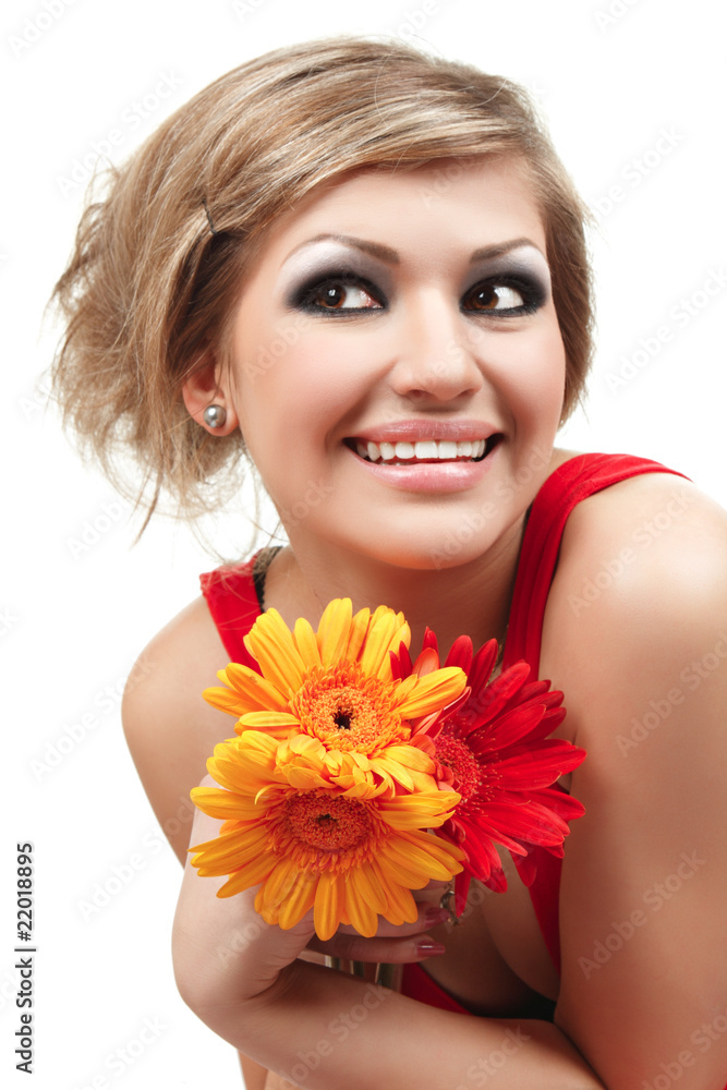 Portrait of Beautiful woman with flowers isolated on white Portrait of Beautiful woman with flowers isolated on white