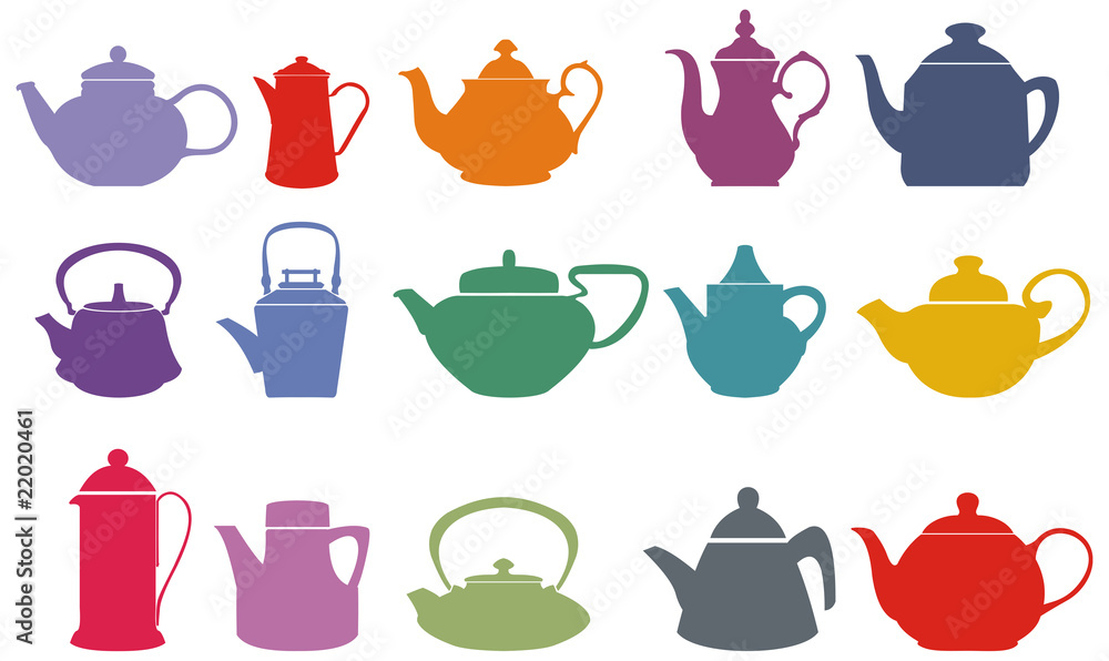 Set of fifteen colorful vector teapots