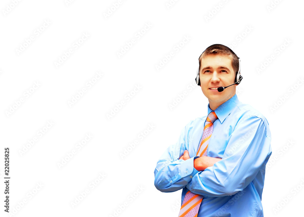 Fototapeta premium Happiness businessman in headphoness isolated on the white backg