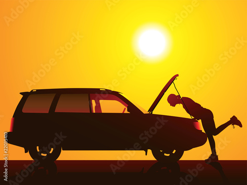 Trouble shooting. A young girl with a broken car