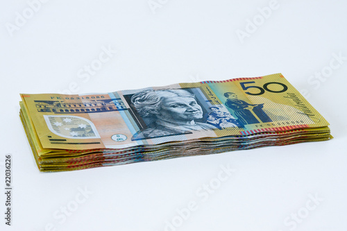 Stack of Australian fifty dollar notes.