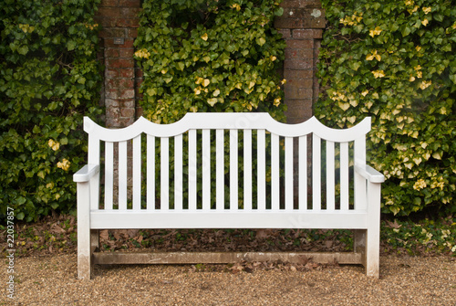 A single white bench  in front of an ivy-covered brick wall