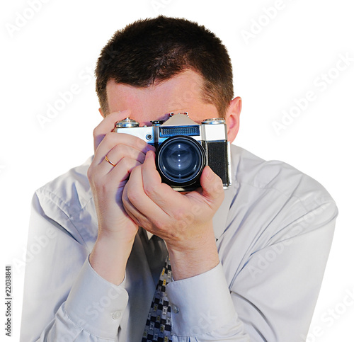 man with a old photo camera