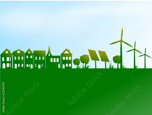 écologie dans une ville avec éolienne et panneaux solaire