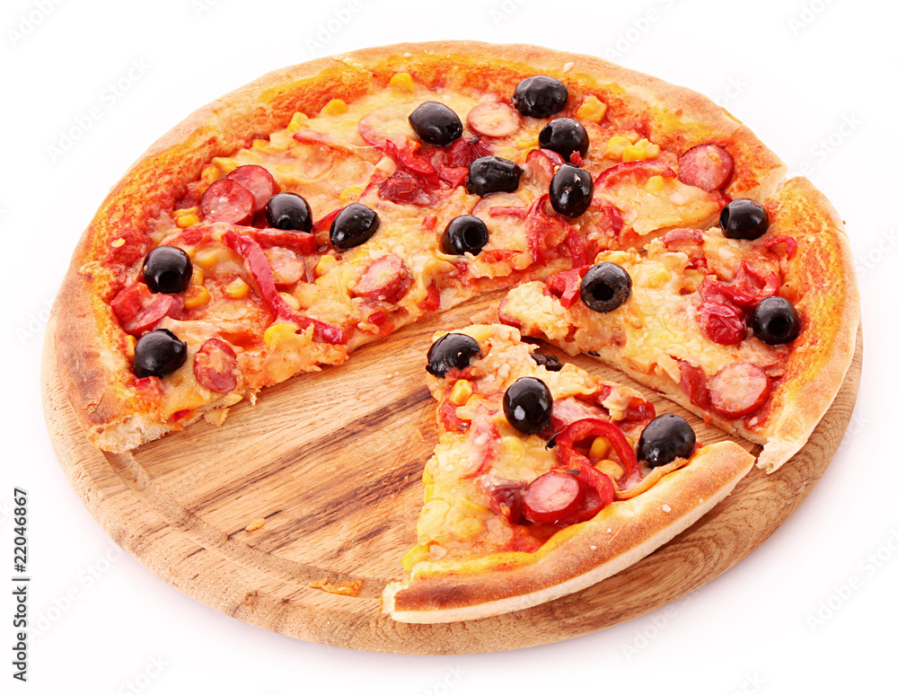 Sliced Pizza with olives on wooden plate isolated on white. Sliced Pizza with olives on wooden plate isolated on white.