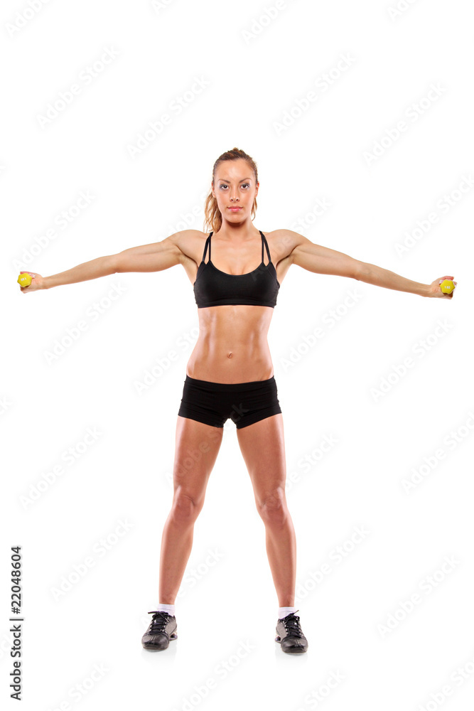 A young woman exercising isolated on white background