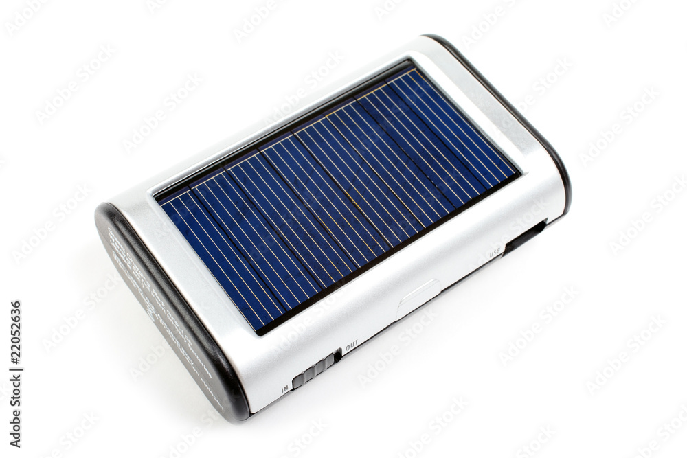Solar mobile phone charger isolated on white.