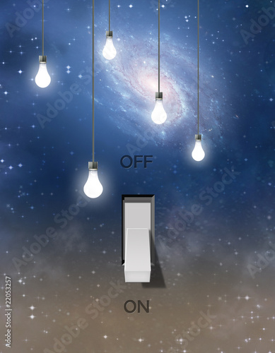 Switch and light bulbs and star filled sky