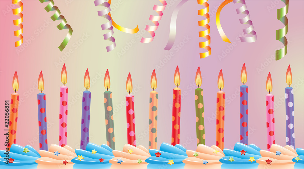 vector row of birthday candles on cake and streamers