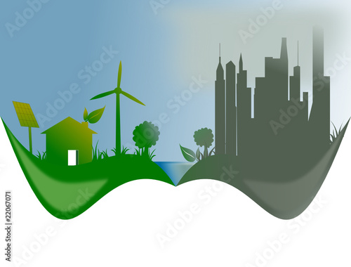 Maison ecologique avec maison et ville polluée