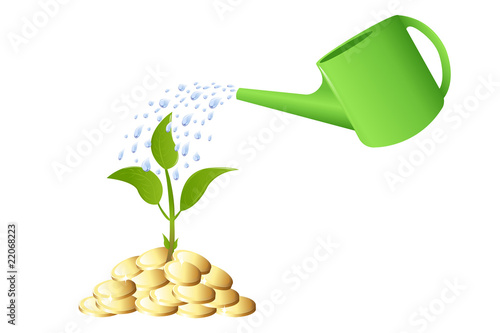 Green Young plant with money and watering can
