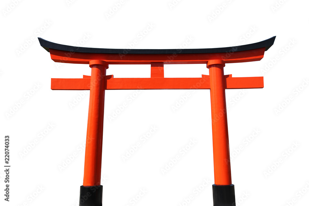 An orange and black Japanese Tori Gate isolated on white.