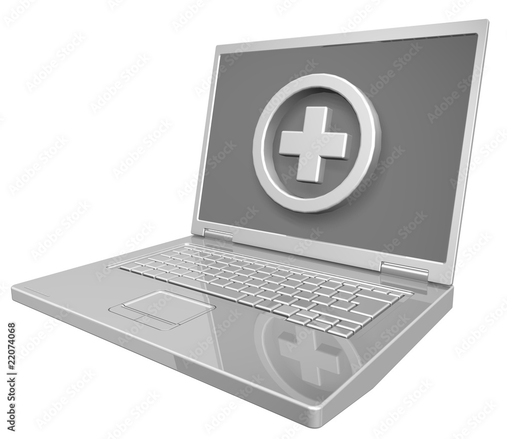 Shiny grey laptop with white cross sign isolated on white. Shiny grey laptop with white cross sign isolated on white.