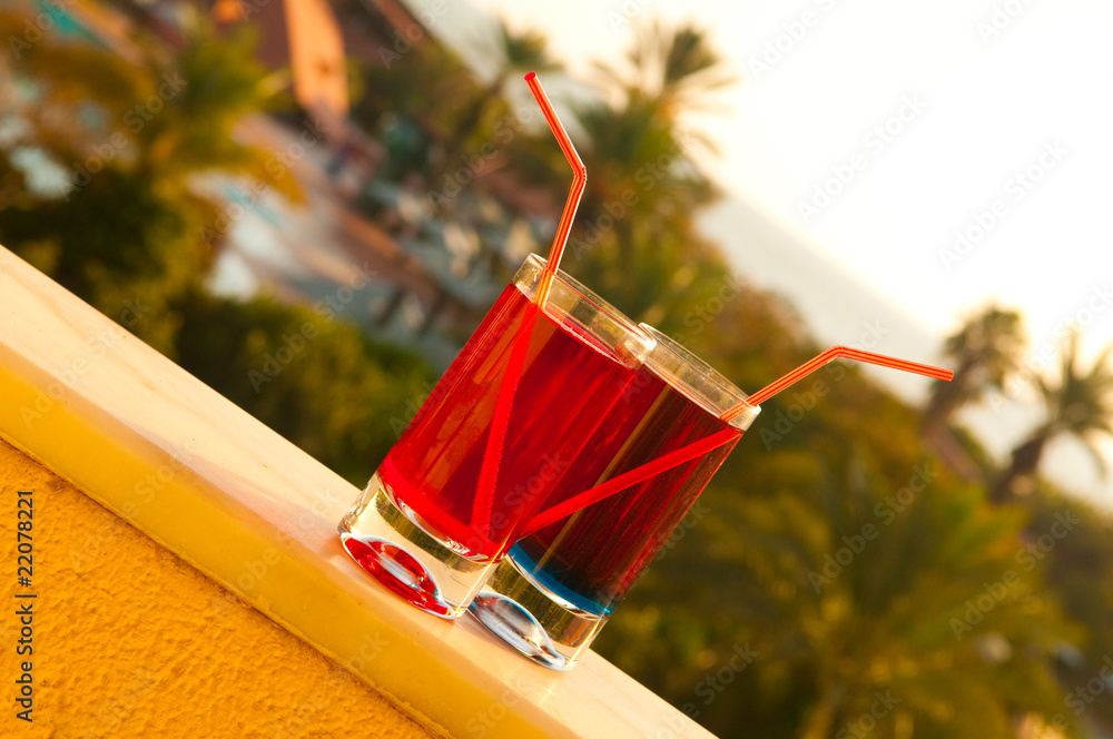Cocktails on a hotel balcony.