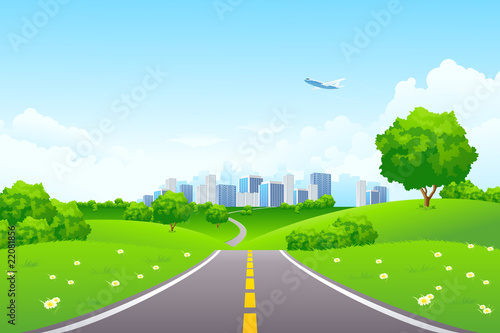 Landscape - green hills with tree and cityscape