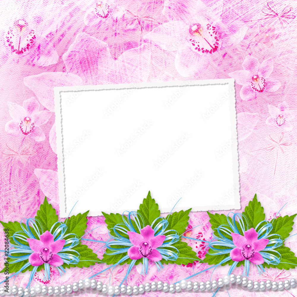 Card for invitation or congratulation with orchids and bow