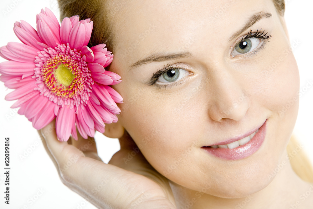 portrait of woman with gerbera portrait of woman with gerbera