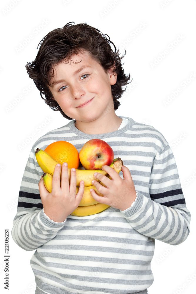 Beautiful child with many fruits Beautiful child with many fruits