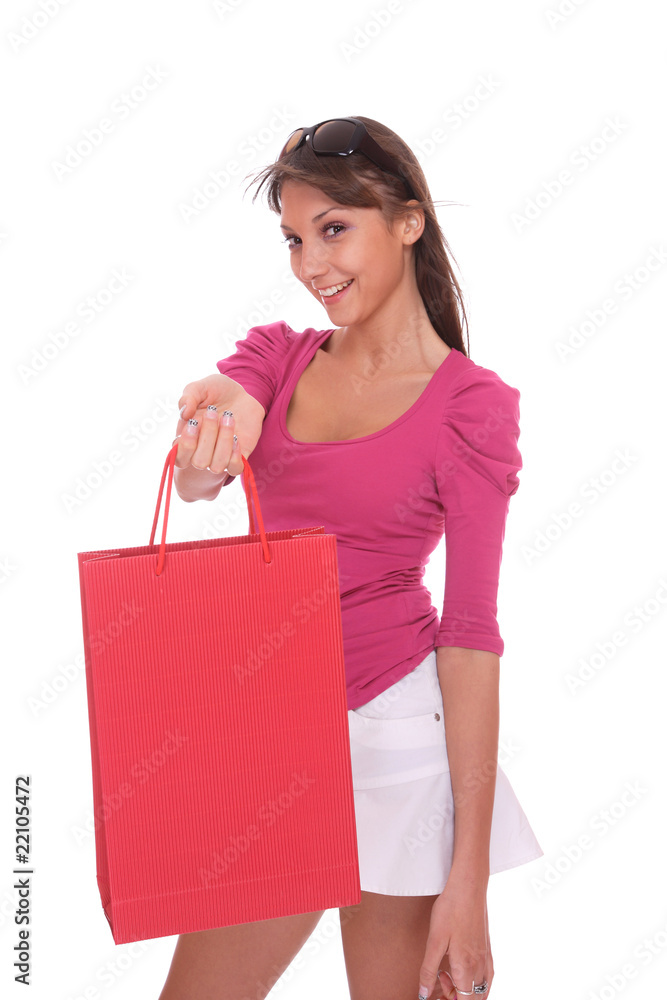 happy woman with pink shopping bags