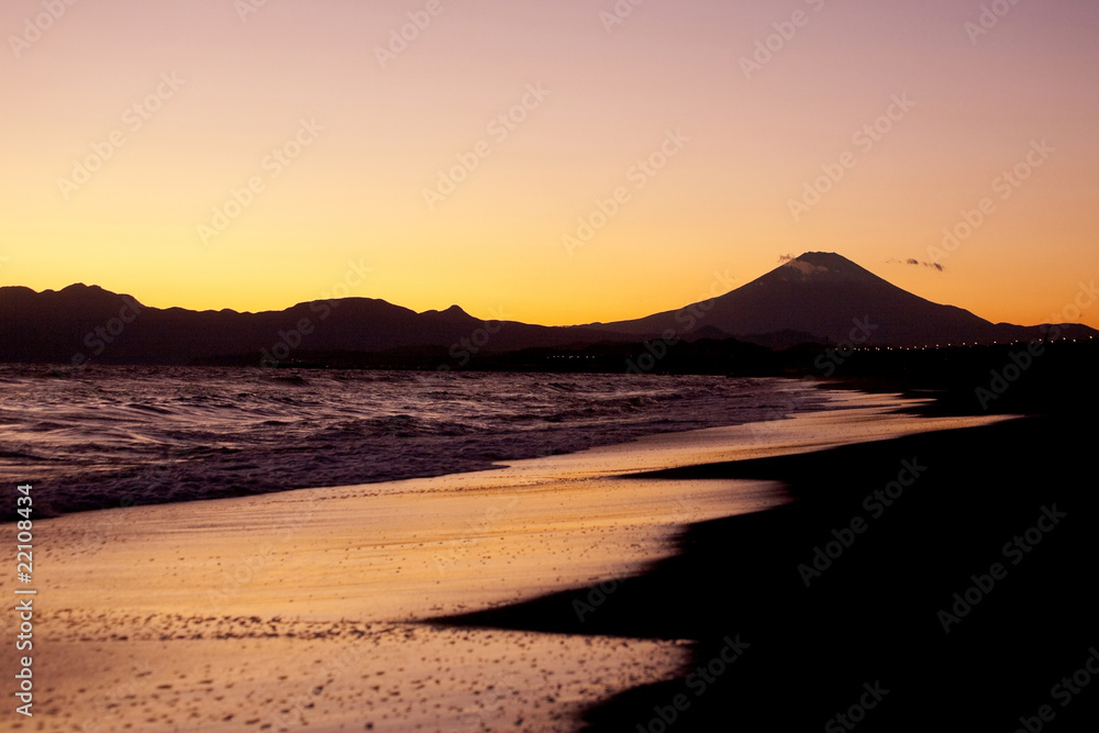 Sunset scene on the sea and Mt fuji in Japan.